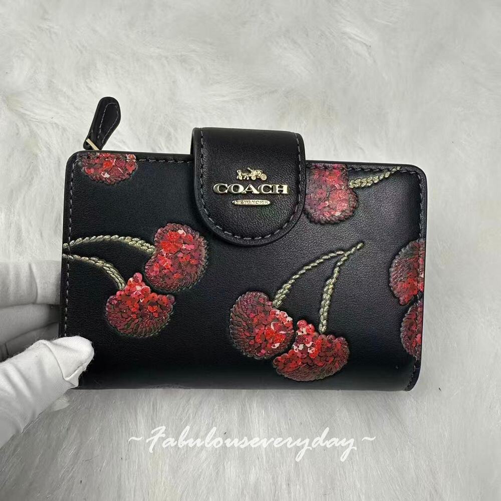 Coach Medium Corner Zip Wallet With Cherry Print Leather Gold/Black Multi CDF10 - Picture 2 of 6